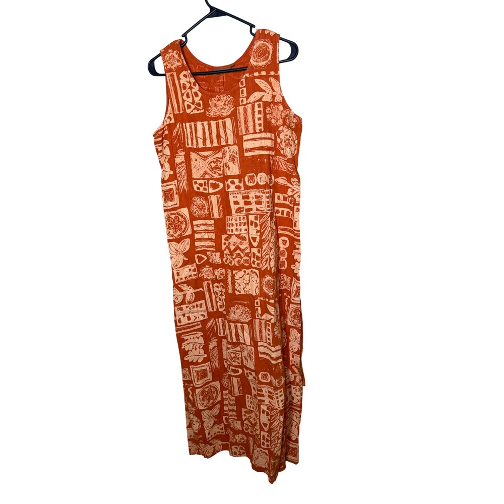 Ivy Womens Orange Linen Block Print Sleeveless Maxi Dress Back Tie Size M USA